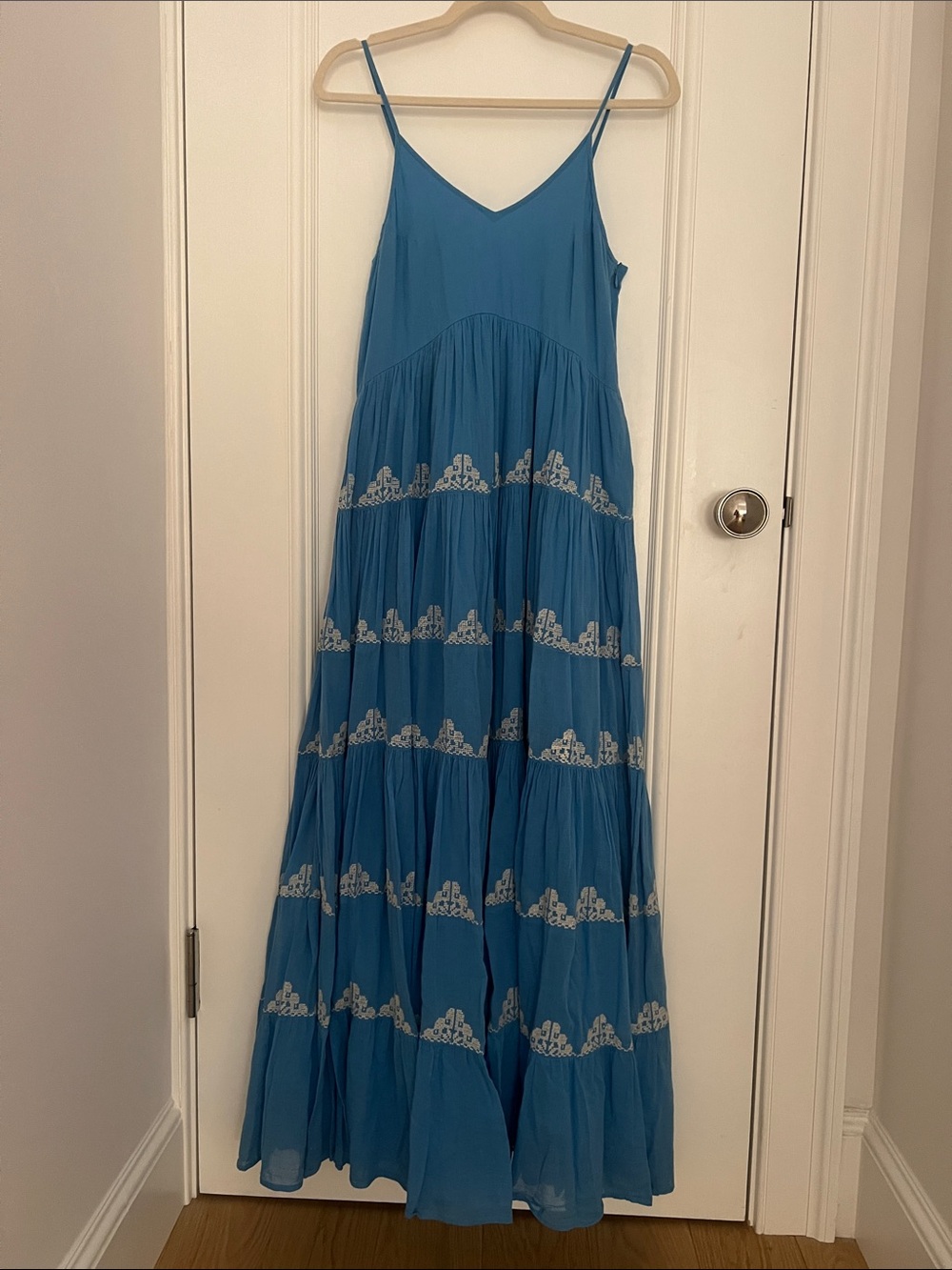 Carolina K Blue Spaghetti-Strap Maxi Dress with White Embroidery (S)